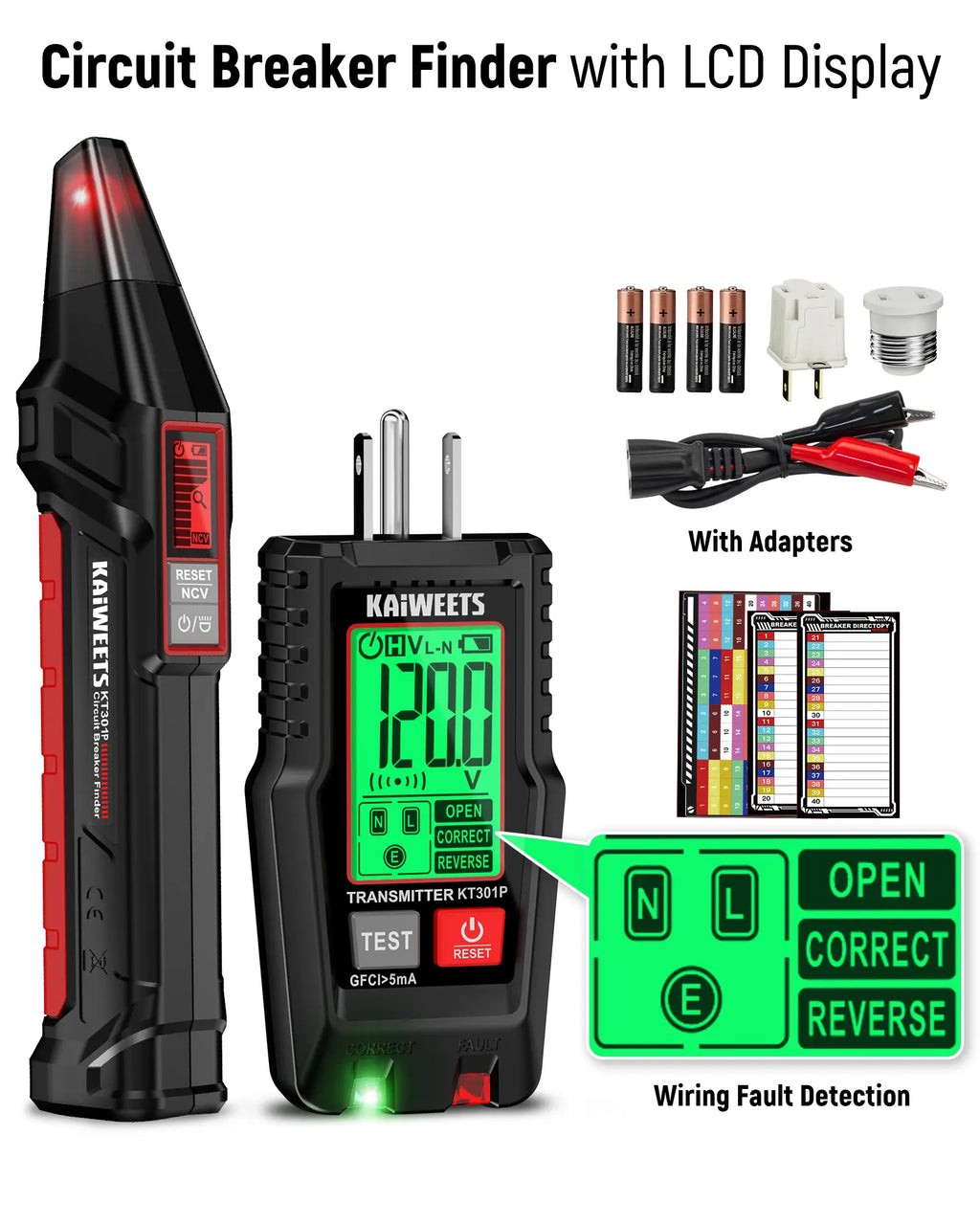 KAIWEETS KT301P AC Circuit Breaker Finder Tool with LCD Display and GFCI Tester