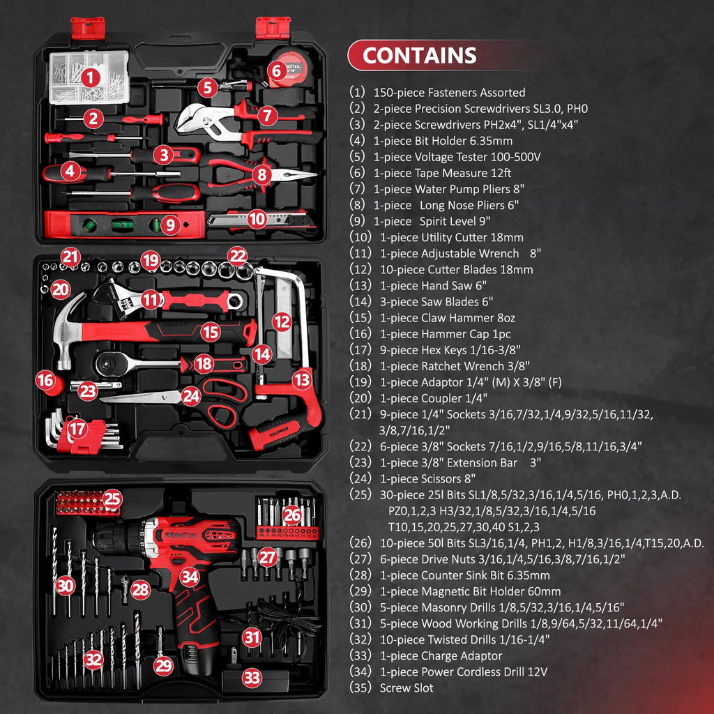 276-Piece Tool Set Kit - Tool kit with 12V Cordless Power Drill Driver Toolbox