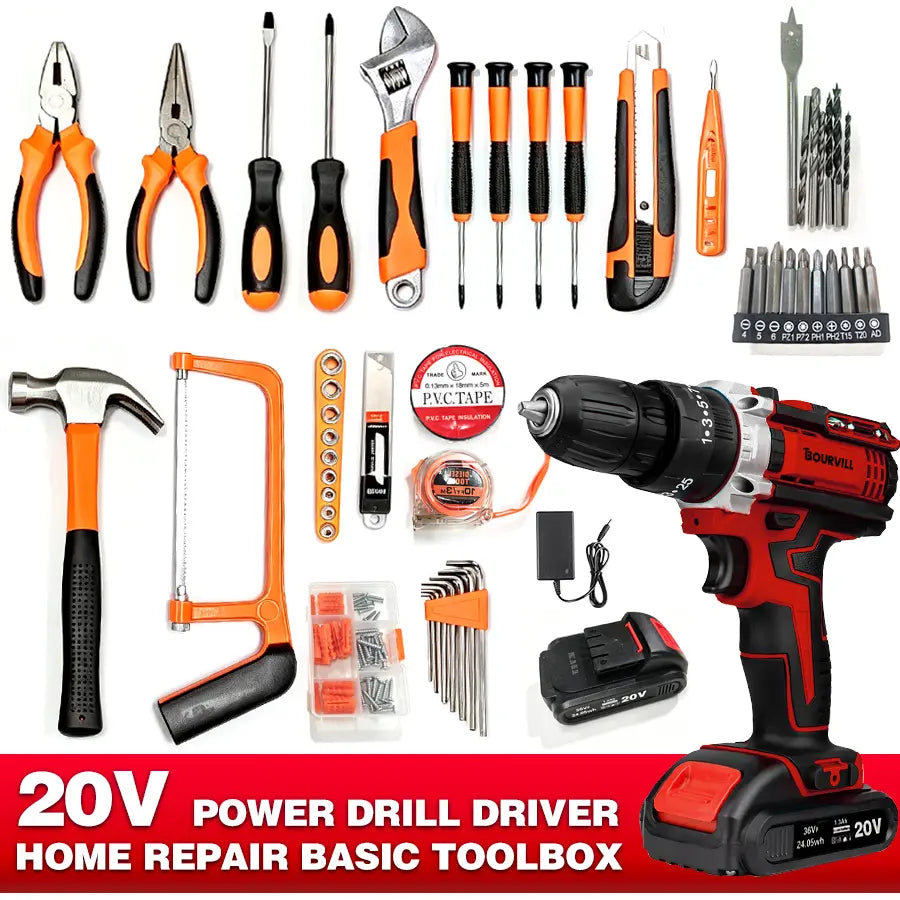 128 Piece Tool Set Kit with 21V Cordless Drill, Red