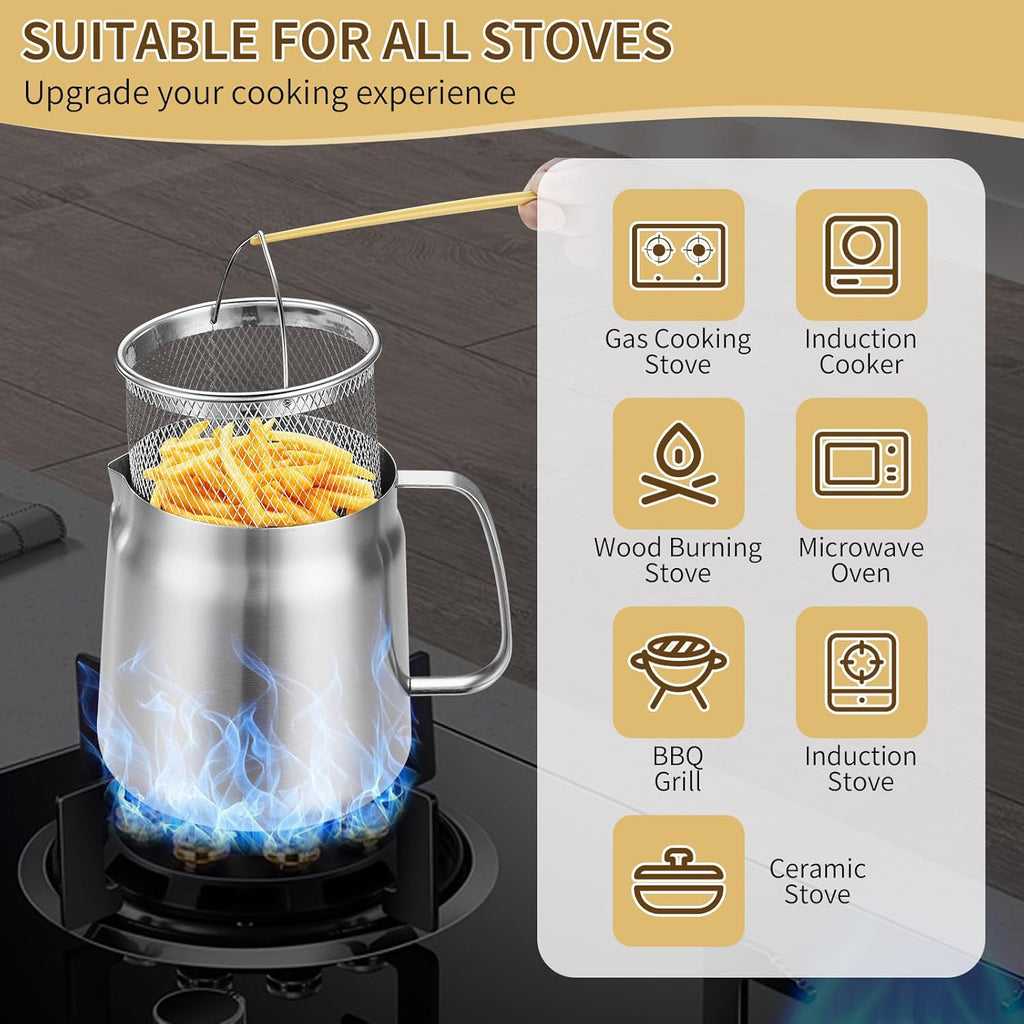 68oz 201Stainless Steel Deep Fryer Pot with Basket & Strainer, Large Capacity Bacon Grease Container for Kitchen,Frying, Cooking, Camping,Oil Filter Container - Dishwasher Safe