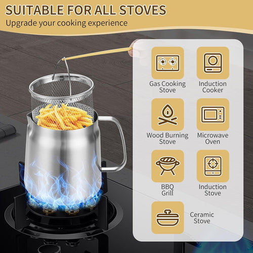 68oz 201Stainless Steel Deep Fryer Pot with Basket & Strainer, Large Capacity Bacon Grease Container for Kitchen,Frying, Cooking, Camping,Oil Filter Container - Dishwasher Safe