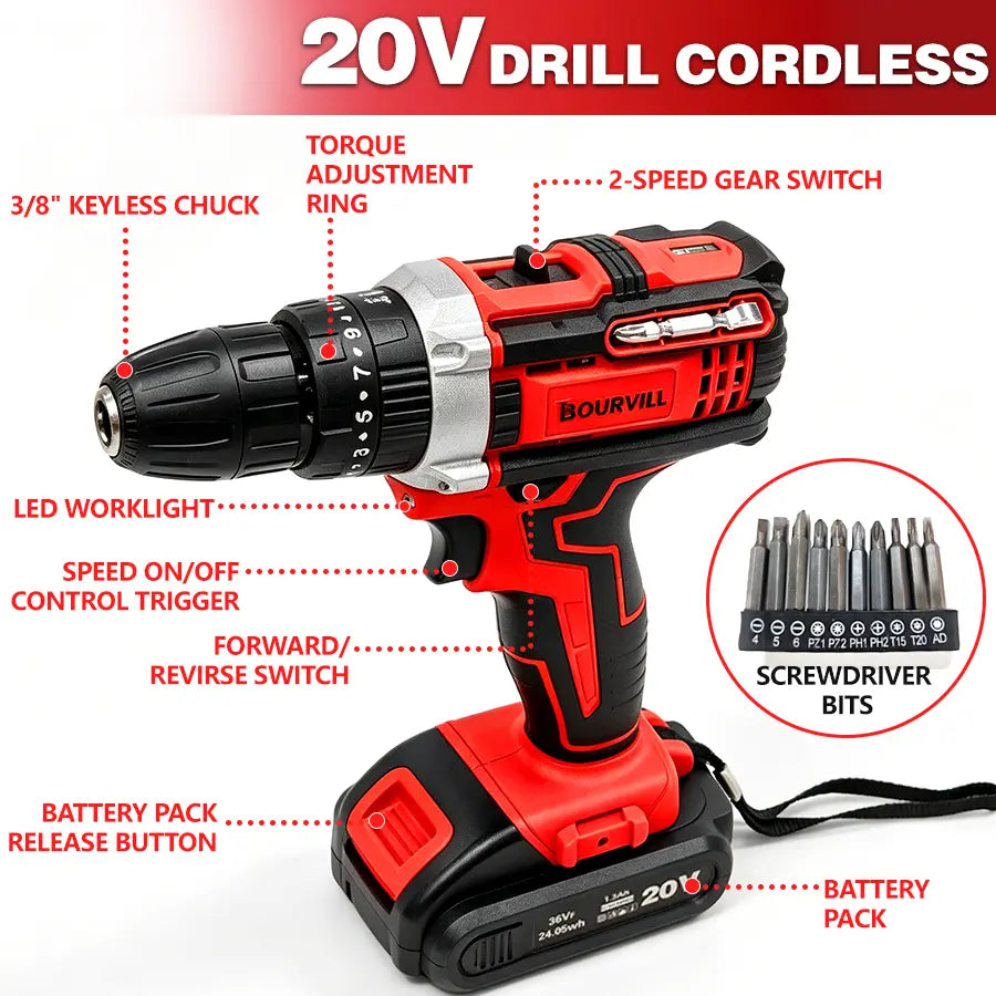 128 Piece Tool Set Kit with 21V Cordless Drill, Red