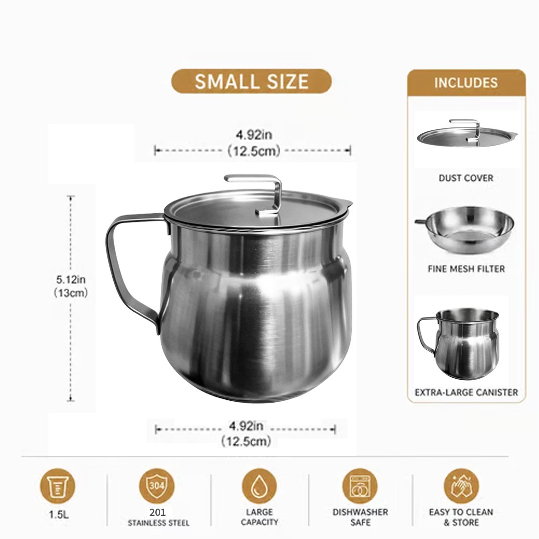 68oz 201Stainless Steel Deep Fryer Pot with Basket & Strainer, Large Capacity Bacon Grease Container for Kitchen,Frying, Cooking, Camping,Oil Filter Container - Dishwasher Safe