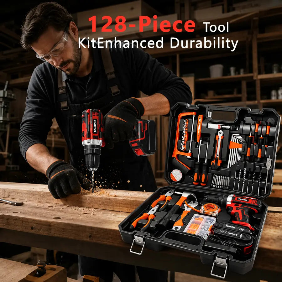 128 Piece Tool Set Kit with 21V Cordless Drill, Red