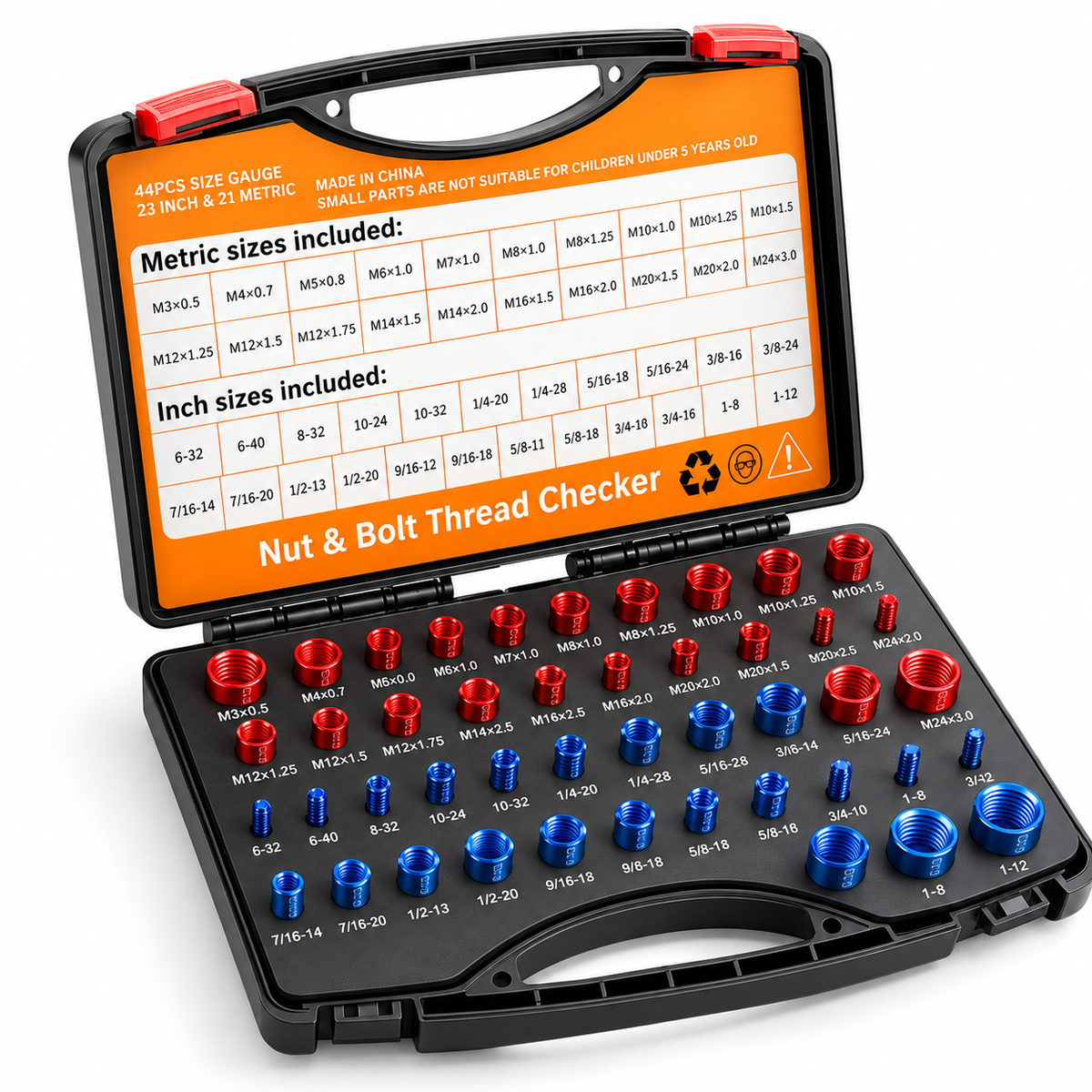 44-Piece SAE & Metric Nut & Bolt Thread Checker Gauge Set with Carry Case