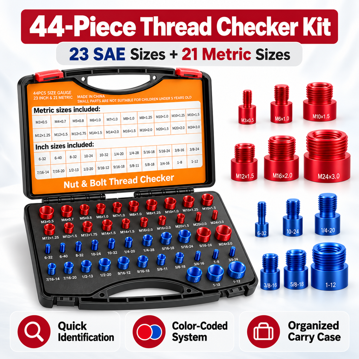 44-Piece SAE & Metric Nut & Bolt Thread Checker Gauge Set with Carry Case