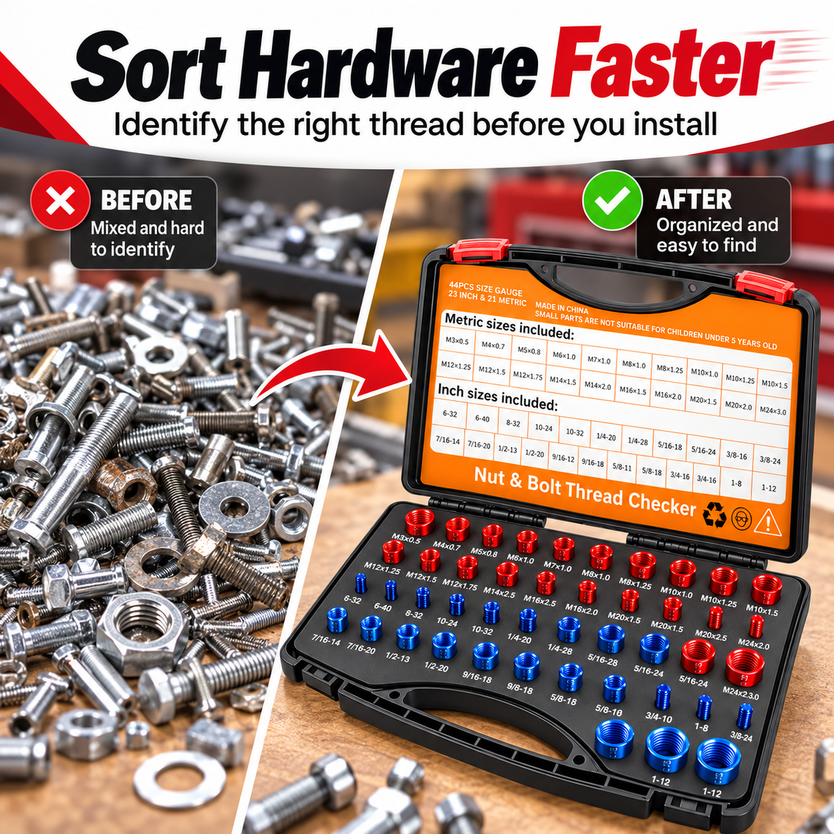 44-Piece SAE & Metric Nut & Bolt Thread Checker Gauge Set with Carry Case