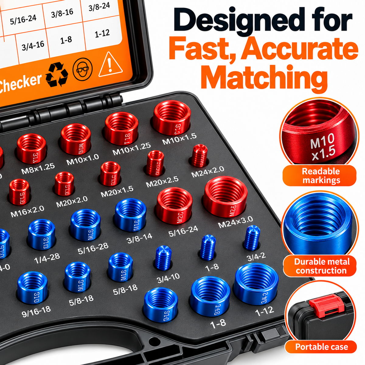 44-Piece SAE & Metric Nut & Bolt Thread Checker Gauge Set with Carry Case