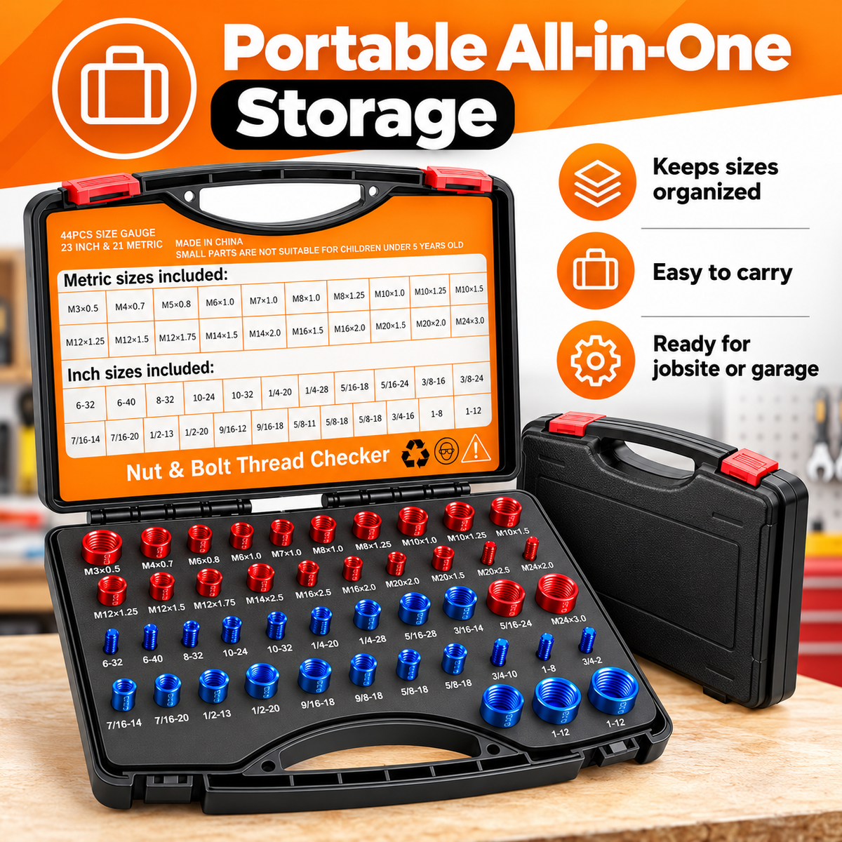 44-Piece SAE & Metric Nut & Bolt Thread Checker Gauge Set with Carry Case