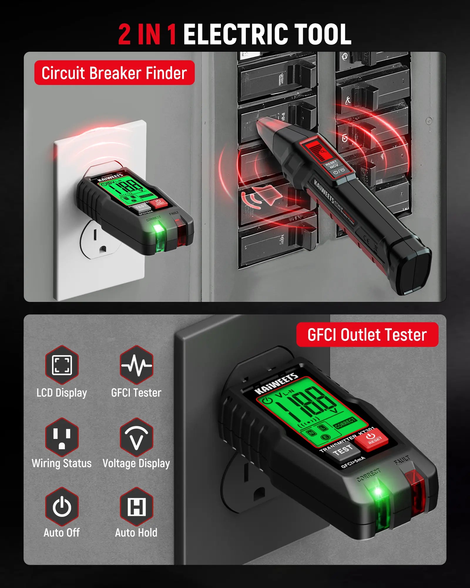 KAIWEETS KT301P AC Circuit Breaker Finder Tool with LCD Display and GFCI Tester