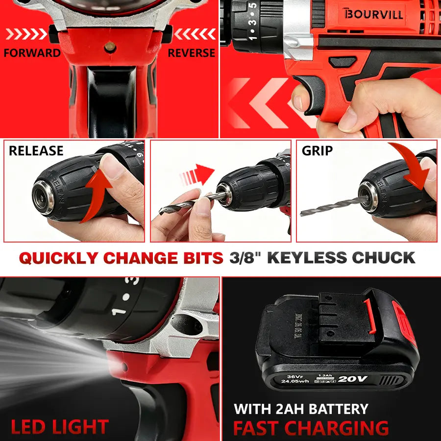 128 Piece Tool Set Kit with 21V Cordless Drill, Red