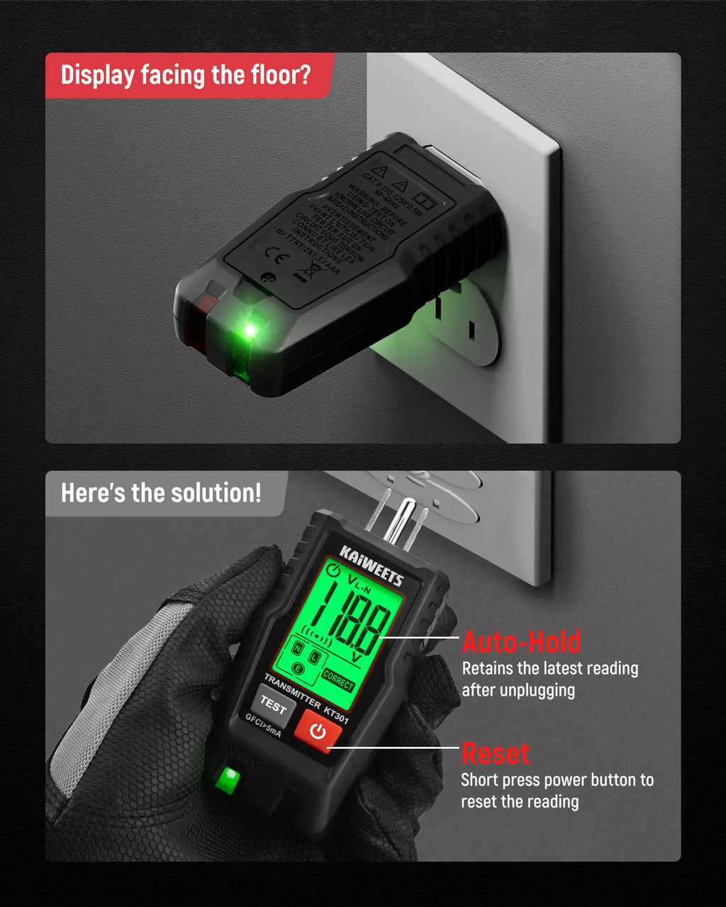 KAIWEETS KT301P AC Circuit Breaker Finder Tool with LCD Display and GFCI Tester