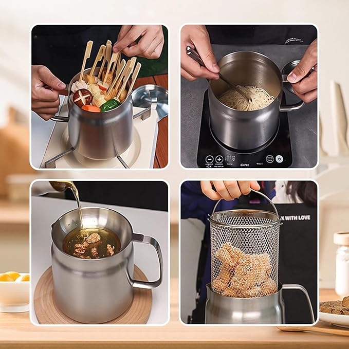 68oz 201Stainless Steel Deep Fryer Pot with Basket & Strainer, Large Capacity Bacon Grease Container for Kitchen,Frying, Cooking, Camping,Oil Filter Container - Dishwasher Safe