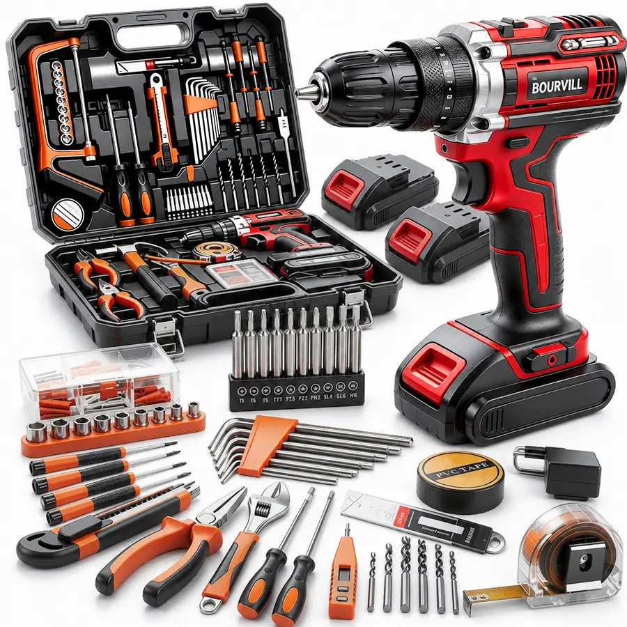 128 Piece Tool Set Kit with 21V Cordless Drill, Red