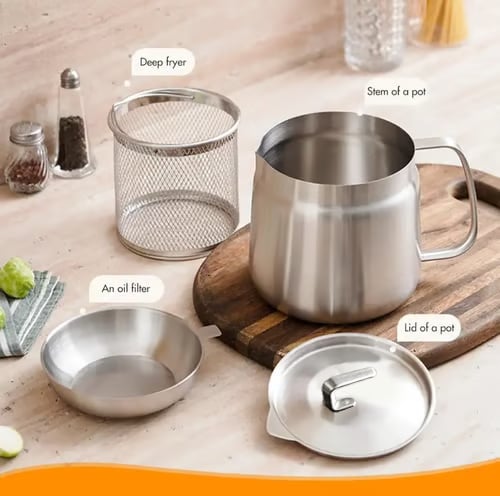 68oz 201Stainless Steel Deep Fryer Pot with Basket & Strainer, Large Capacity Bacon Grease Container for Kitchen,Frying, Cooking, Camping,Oil Filter Container - Dishwasher Safe