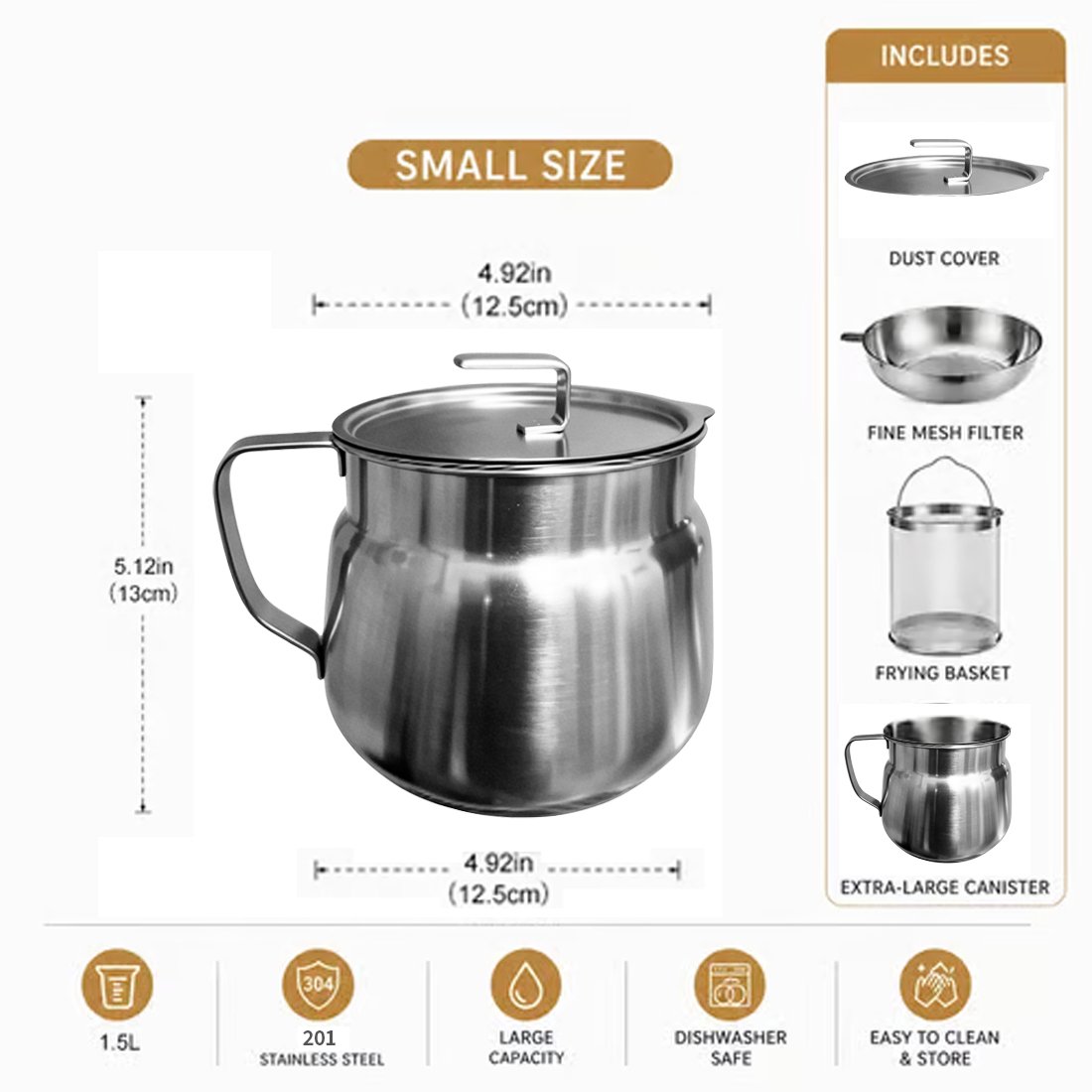 68oz 201Stainless Steel Deep Fryer Pot with Basket & Strainer, Large Capacity Bacon Grease Container for Kitchen,Frying, Cooking, Camping,Oil Filter Container - Dishwasher Safe