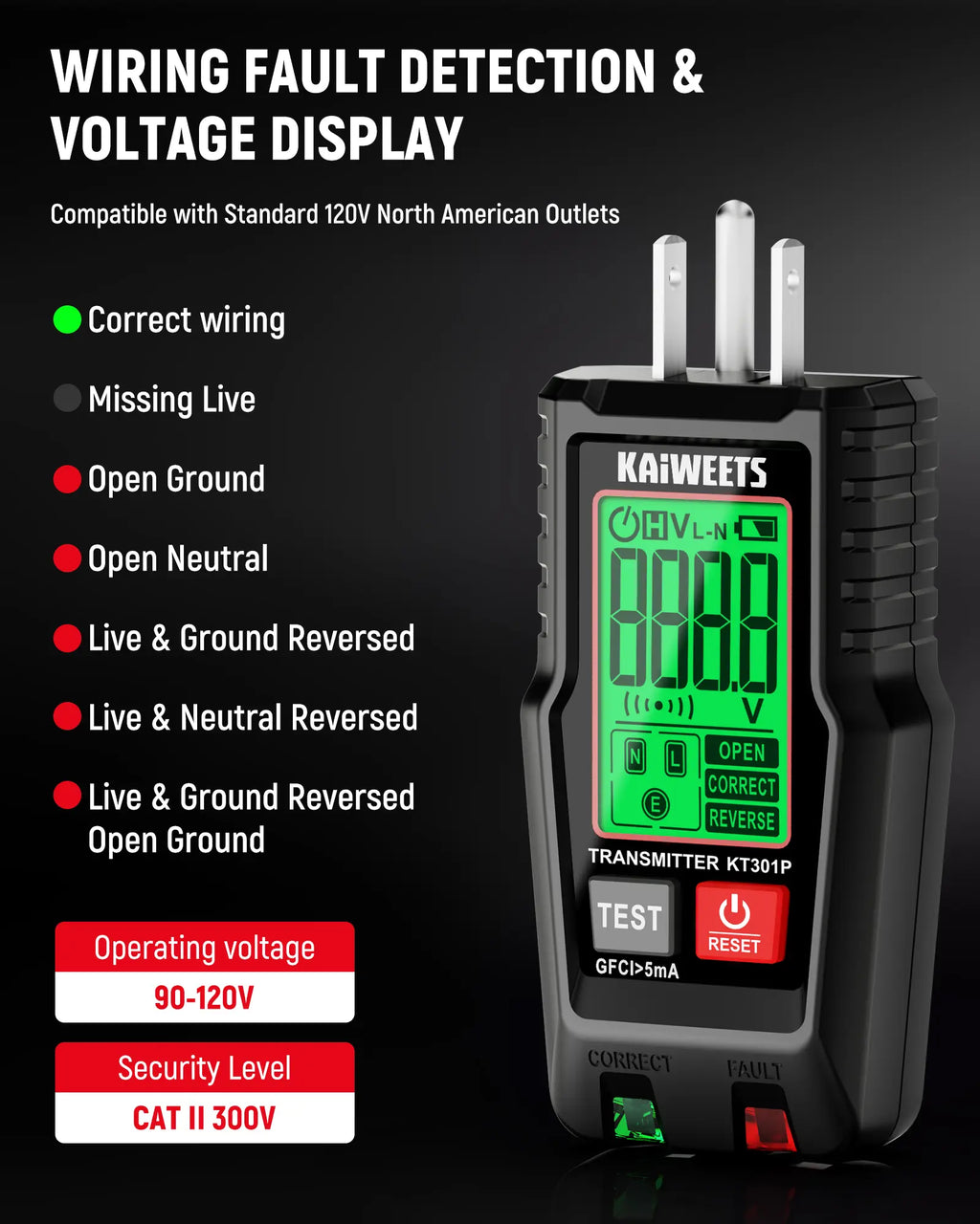 KAIWEETS KT301P AC Circuit Breaker Finder Tool with LCD Display and GFCI Tester